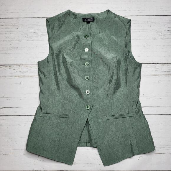 J. Crew Essential Cutaway Vest Top Textured Satin Green Cypress Button Large 14 - Picture 3 of 8